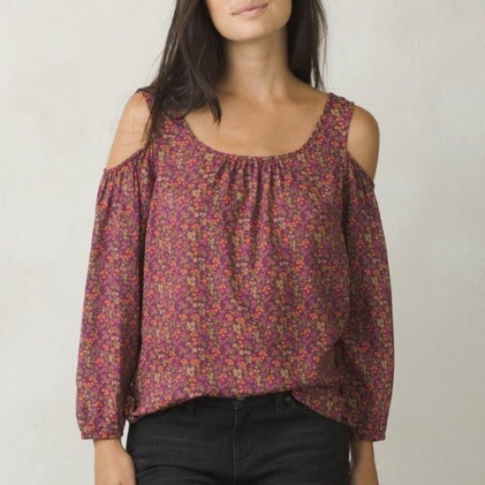 PrAna Purple Orange Floral Print Cold Shoulder Top